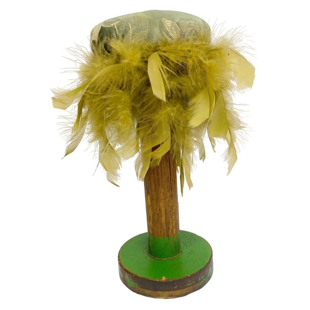 large vintage wooden green SPOOL hat holder brown feathers 11" tall